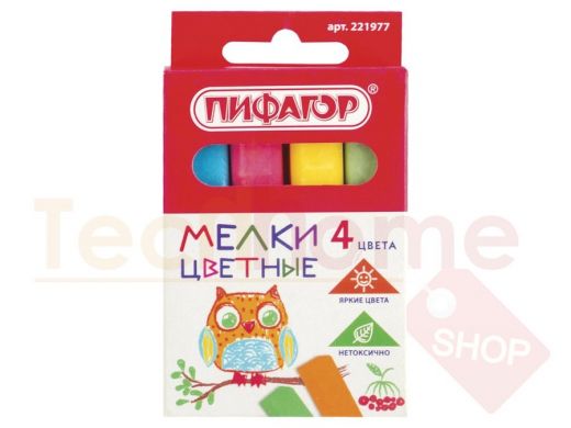 Мел цветной ПИФАГОР, НАБОР  4 шт., квадратный