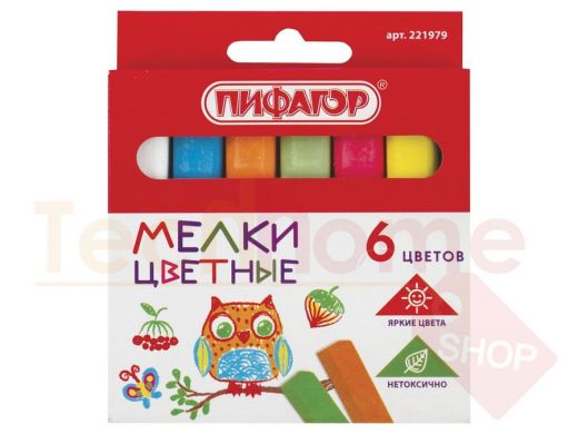 Мел цветной ПИФАГОР, НАБОР  6 шт., квадратный