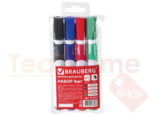 Маркеры для доски BRAUBERG SOFT НАБОР 4шт., АССОРТИ, резиновая вставка,кругл након 5 мм