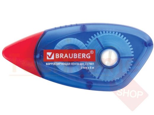 Корректирующая лента BRAUBERG 5 мм х 8 м, корпус синий, механизм перемотки, блистер