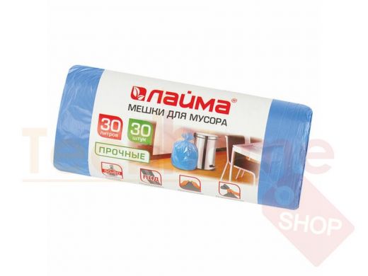 Мешки для мусора  30литров, синие, в рулоне 30шт, ПНД, 10мкм, 50х60см(+5%), прочные 