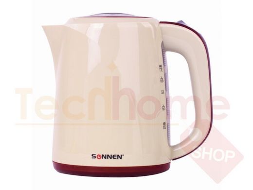 Чайник SONNEN KT-002, 1,7л, 2200Вт, закрытый нагревательный элемент, пластик, бежевый/красный