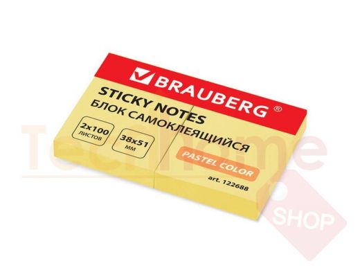 Блок самоклеящийся (стикеры) BRAUBERG ПАСТЕЛЬНЫЙ 38х51 мм, 100 листов, НАБОР 2 штуки, желтый