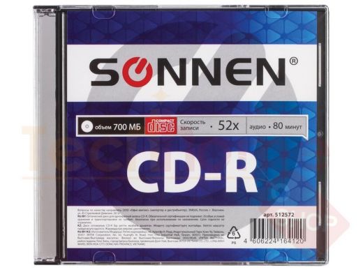 Диск CD-R SONNEN 700Mb 52x Slim Case (1 штука)