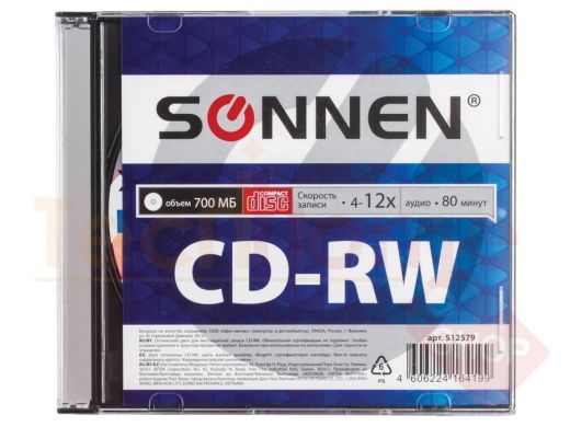 Диск CD-RW SONNEN 700Mb 4-12x Slim Case (1 штука)