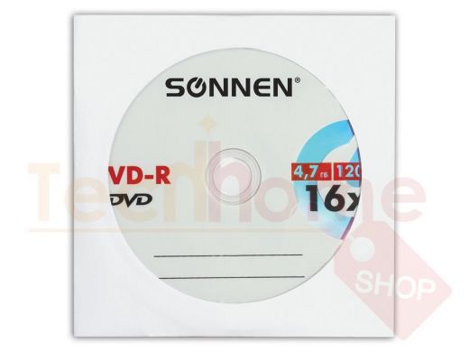 Диск DVD-R SONNEN 4,7Gb 16x бумажный конверт (1 штука)