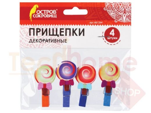 Прищепки декоративные, ЛЕДЕНЦЫ, 4шт., ассорти, ОСТРОВ СОКРОВИЩ