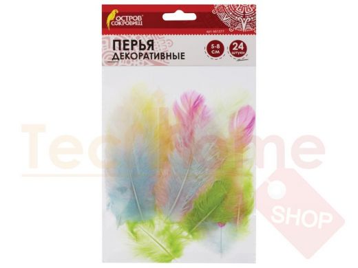 Перья декоративные КАРНАВАЛЬНЫЕ (5-8см), 24шт., 6 цветов, ПАСТЕЛЬ, ассорти, ОСТРОВ СОКРОВИЩ