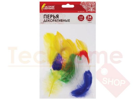 Перья декоративные КАРНАВАЛЬНЫЕ (5-8см), 24шт., 6 цветов, ЯРКИЕ, ассорти, ОСТРОВ СОКРОВИЩ