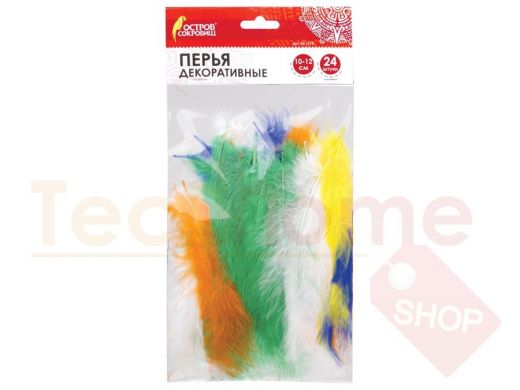 Перья декоративные СТРАУСИНЫЕ (10-12см), 24шт., 6 цветов, ЯРКИЕ, ассорти, ОСТРОВ СОКРОВИЩ
