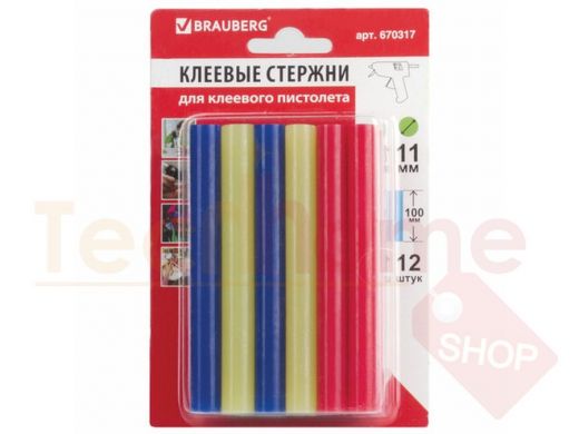 Клеевые стержни, диаметр 11,0мм, длина 100мм, цветные (ассорти), КОМПЛЕКТ 12 штук 