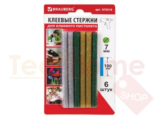 Клеевые стержни, диаметр  7,0мм, длина 100мм,цветные(ассорти),С БЛЕСТКАМИ,КОМПЛЕКТ 6 штук "BR-79872"