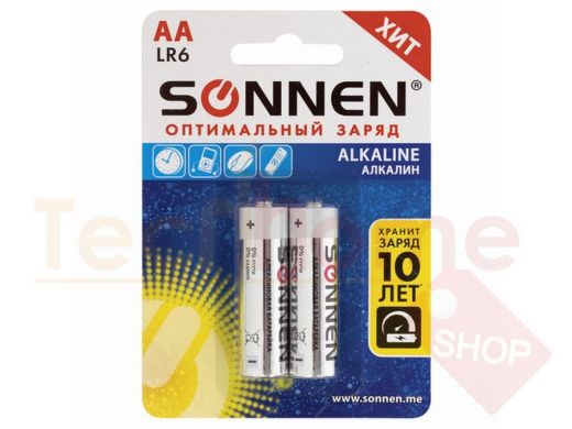 Батарейка LR6  SONNEN Alkaline, АА (LR06, 15А), алкалиновые, цена за 2 шт, в блистере