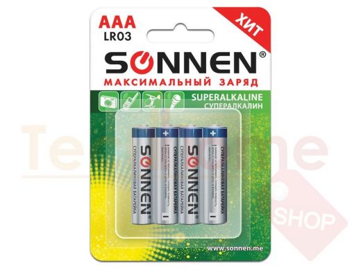 Батарейка LR03  SONNEN Super Alkaline, AAA (LR03, 24А), алкалиновые,за 4 шт, в блистере