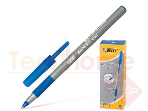 Ручка шариковая с грипом BIC "Round Stic Exact", СИНЯЯ, корпус серый, узел 0,8 мм, линия письма 0,3