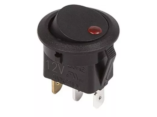 Выключатель клавишный круглый 12V 16А (3с) ON-OFF черный  с красной подсветкой  REXANT