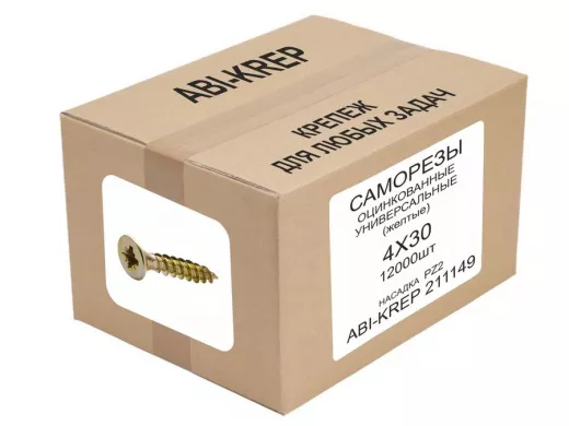 Саморезы универсальные оцинкованные  4 х 30 жёлтые (    1шт) "ABI-KREP 211149" Pozi PZ 1,62г