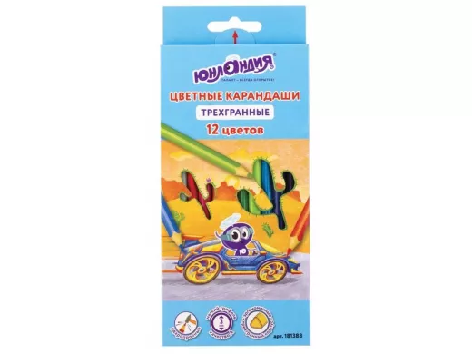 Карандаши цветные "BR-75648" "ЮНЛАНДИК БЫСТРЕЕ ВСЕХ", 12 цветов, трехгранные заточенные