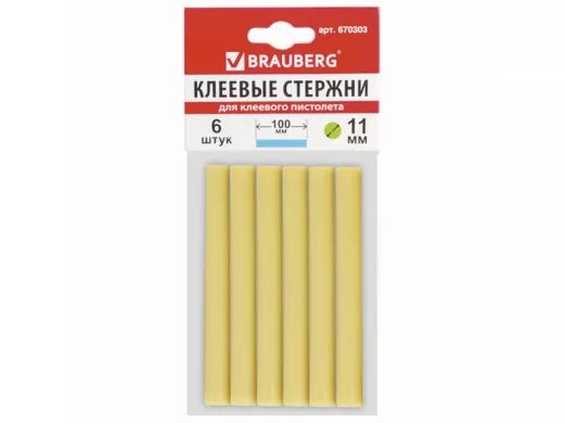 Клеевые стержни, диаметр 11,0мм, длина 100мм, желтые, КОМПЛЕКТ 6 штук "BR-79849", европодвес
