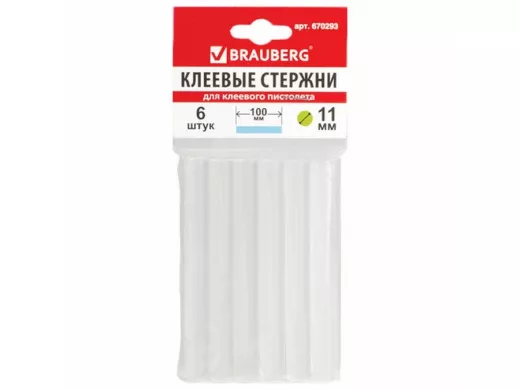 Клеевые стержни, диаметр 11,0мм, длина 100мм, прозрачные, КОМПЛЕКТ 6 шт. "BR-79850",европодвес