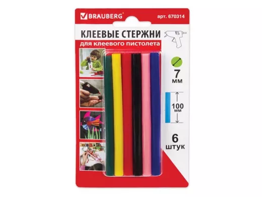 Клеевые стержни, диаметр  7,0мм, длина 100мм, цветные (ассорти), КОМПЛЕКТ 6 штук "BR-79870", блистер
